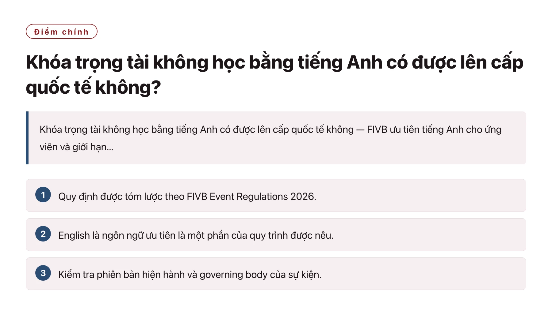 Khóa trọng tài không học bằng tiếng Anh có được lên cấp quốc tế không?——全文要点速览